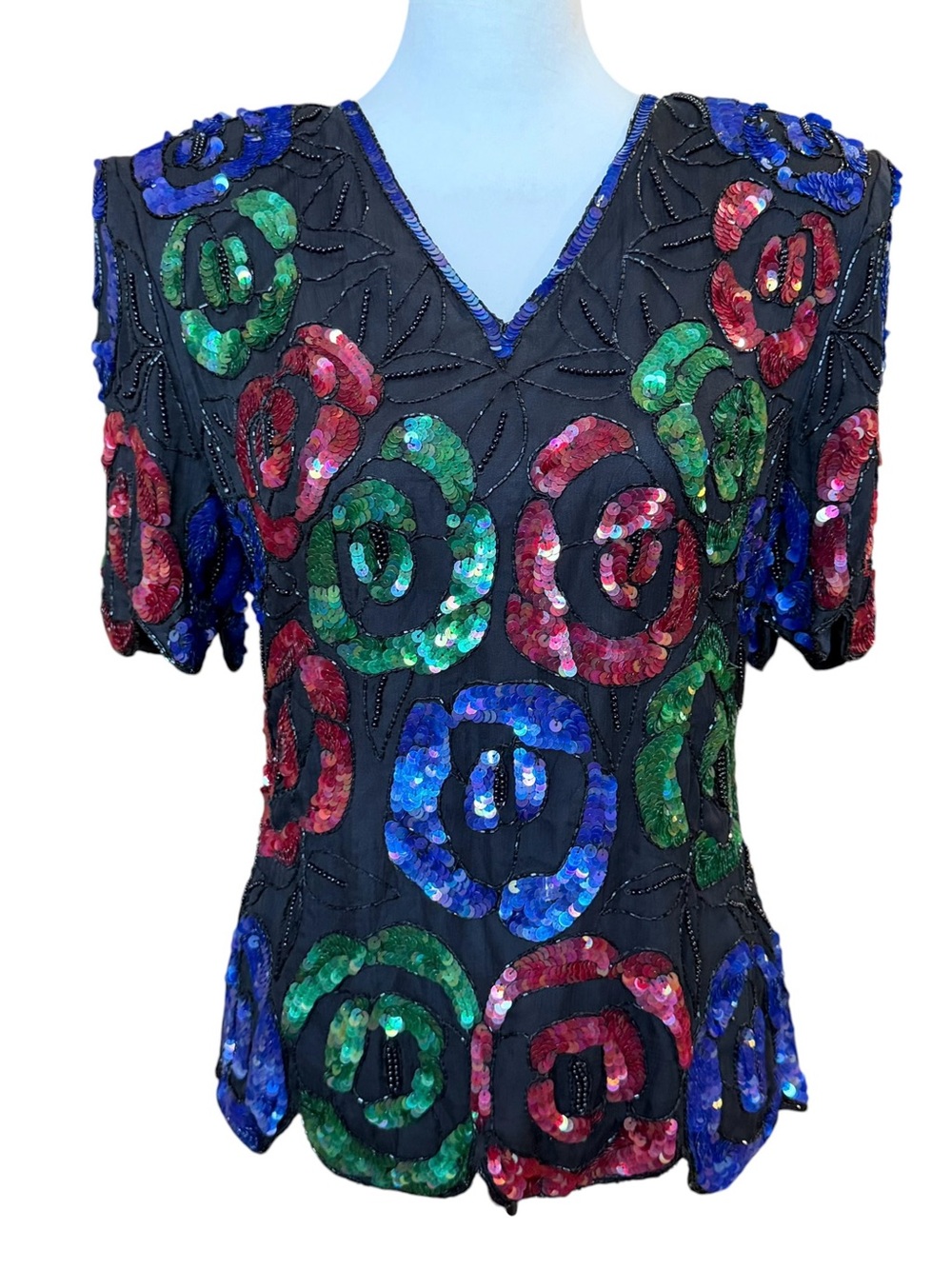 VTG Stenay Silk Sequin Beaded Blouse Womens Medium Red Blue Maximalism Black